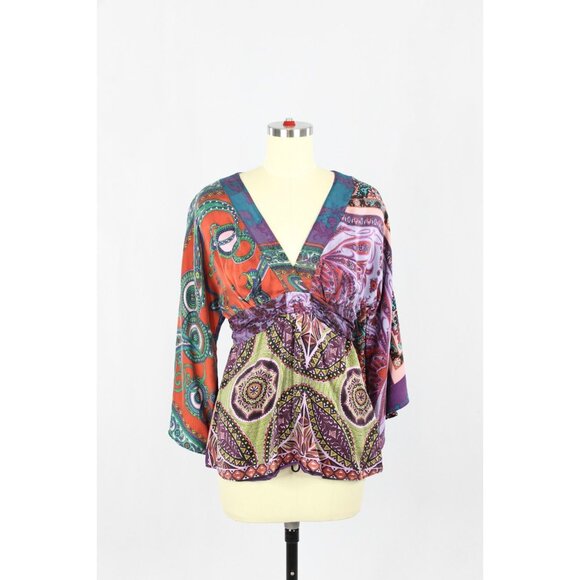 ALICE & TRIXIE Multi Color Scarf Print Silk Satin V-Neck Wrap Blouse, Size M - Picture 1 of 14